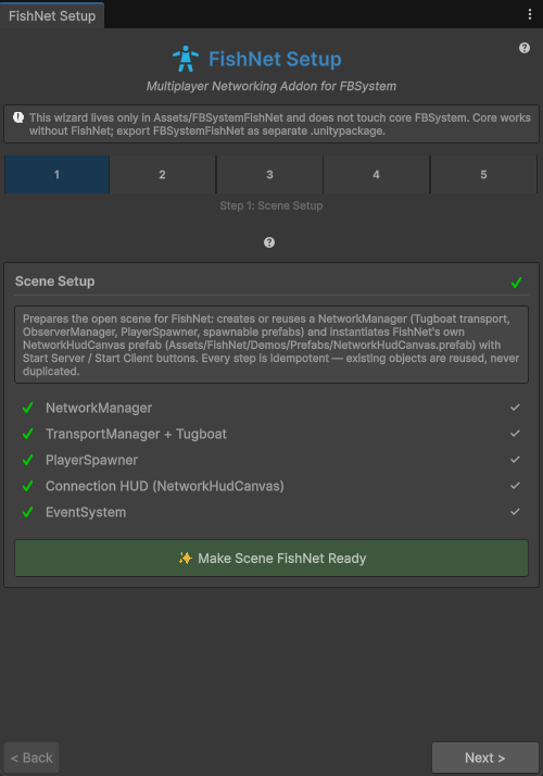 FishNet Setup step 1: Scene Setup with status checks for NetworkManager, TransportManager, PlayerSpawner, Connection HUD and EventSystem