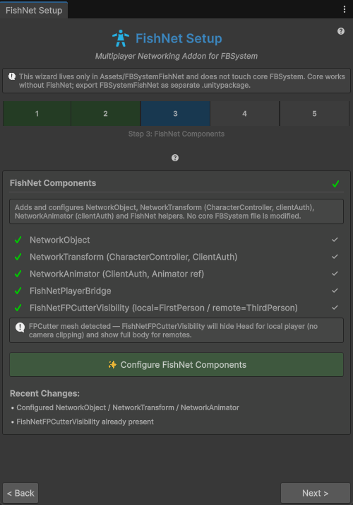 FishNet Setup step 3: FishNet Components with green checks for NetworkObject, NetworkTransform, NetworkAnimator, FishNetPlayerBridge and FPCutterVisibility