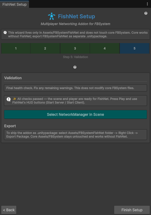 FishNet Setup step 5: Validation with the All checks passed message and the Select NetworkManager and Export buttons